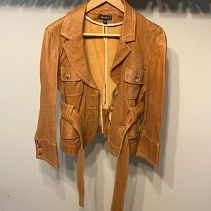 BEBE Tan Leather Jacket with belt, never worn, size L